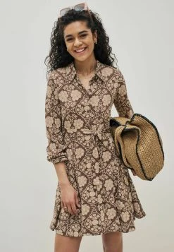 Next Long Sleeve Belted Standard - Blousejurk - Brown Paisley