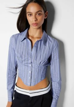 BERSHKA Long Sleeve - Overhemdblouse - Blue -dress shop 04330c83728e4567b7b6434dea3bd8c0