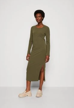 Marc O'Polo Dress Round Neck Long Sleeve Lean And Long With Slit - Jerseyjurk - Wild Olive