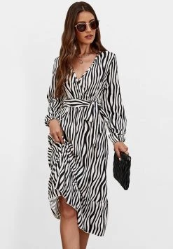 FS Collection Zebra Print Long Sleeve V Neck Midi - Jurk - White