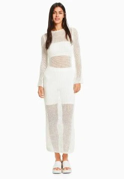 BERSHKA Long Sleeve Open Back Midi - Gebreide Jurk - Beige