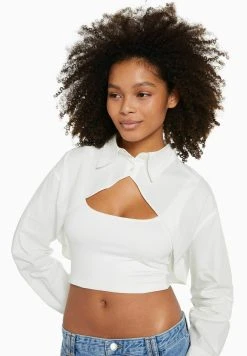BERSHKA Long Sleeve Crossover - Cropped - Overhemdblouse - Off White -dress shop 1083e32d5cac460a82a90ebad6501764