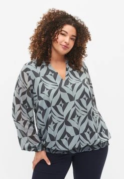 Zizzi Long Sleeve With Smock - Blouse - Graphic Leaf