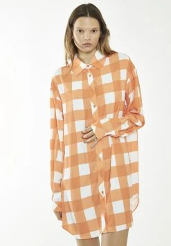 Glamorous Care Long-Sleeve Mini Shi - Blousejurk - Orange/White Gingham