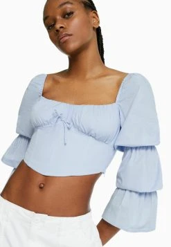 BERSHKA Cropped Long Sleeve- Blouse - Light Blue -dress shop 15c4c46959924e3b8445f0272438e3d3