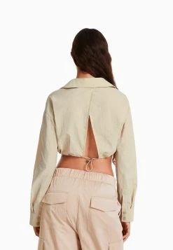 BERSHKA Long Sleeve And Gathered Detail At The Front With Stopper- Blouse - Stone -dress shop 176abbcea8be4d148389d23d0c4efed5