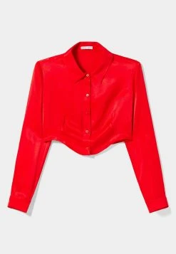 BERSHKA Long Sleeve - Overhemdblouse - Red -dress shop 1b56e3367dcc4f93b1c885572de9598f