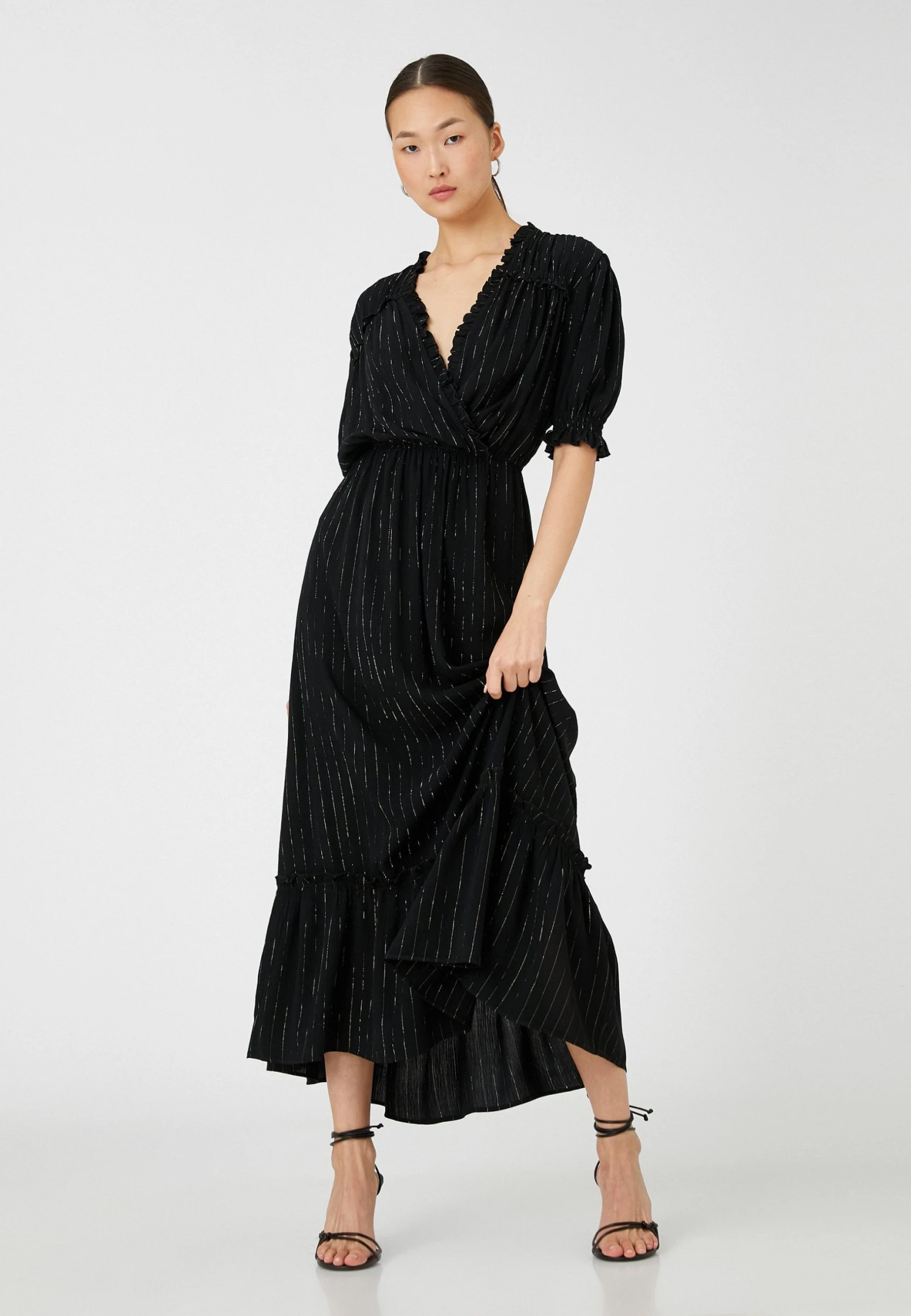 Koton V Neck Silvery Striped Puff Sleeve Long Wrapped - Maxi-Jurk - Black 2 Koton V Neck Silvery Striped Puff Sleeve Long Wrapped - Maxi-Jurk - Black - Afbeelding 2