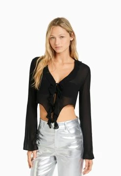 BERSHKA Ruffled Long Sleeve - Blouse - Black