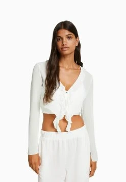 BERSHKA Ruffled Long Sleeve - Blouse - White