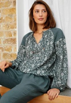 Next Crinkle Bubble Hem Long Sleeve Standard - Blouse - Green -dress shop 265f03a89abb4189b1d612540aefbce9