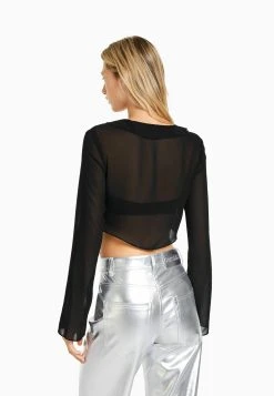 BERSHKA Ruffled Long Sleeve - Blouse - Black -dress shop 2d1f75ff49264b5c84ec80d045cfc62f