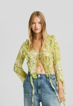 BERSHKA Long Sleeve With Ruffles And Print - Blouse - Green