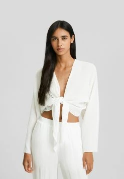 BERSHKA Long Sleeve Knotted- Blouse - White