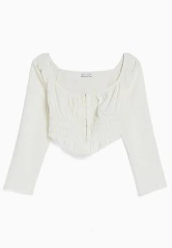 BERSHKA Long Sleeve Textured Off-The-Shoulder - Blouse - Beige -dress shop 34ce0f13b48e4750ad31bbc3e2a87a3b