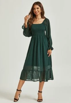 FS Collection Long Puff Sleeve Dobby Bardot Midi- Jurk - Dark Green -dress shop 377b8c3cda844031b436032df229a7f7