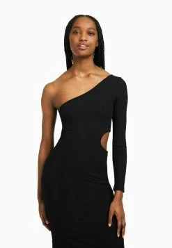 BERSHKA Long Sleeve With Cut-Out Detail Asymmetric - Cocktailjurk - Black -dress shop 3cf26039bded42a6b12f6ddf4147b1ce