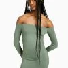 BERSHKA Long Sleeve Mini - Etui-Jurk - Khaki