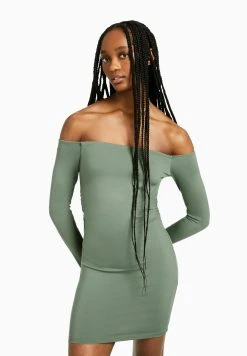 BERSHKA Long Sleeve Mini - Etui-Jurk - Khaki