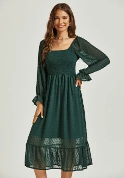FS Collection Long Puff Sleeve Dobby Bardot Midi- Jurk - Dark Green -dress shop 3f64b5fc39b845ed9016d94797b9b2c5