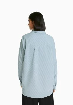 BERSHKA Long Sleeve Striped - Overhemdblouse - Blue -dress shop 41baa0de50b9479ba56196971e08db2f