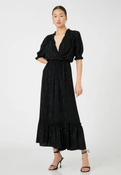 Koton V Neck Silvery Striped Puff Sleeve Long Wrapped - Maxi-Jurk - Black