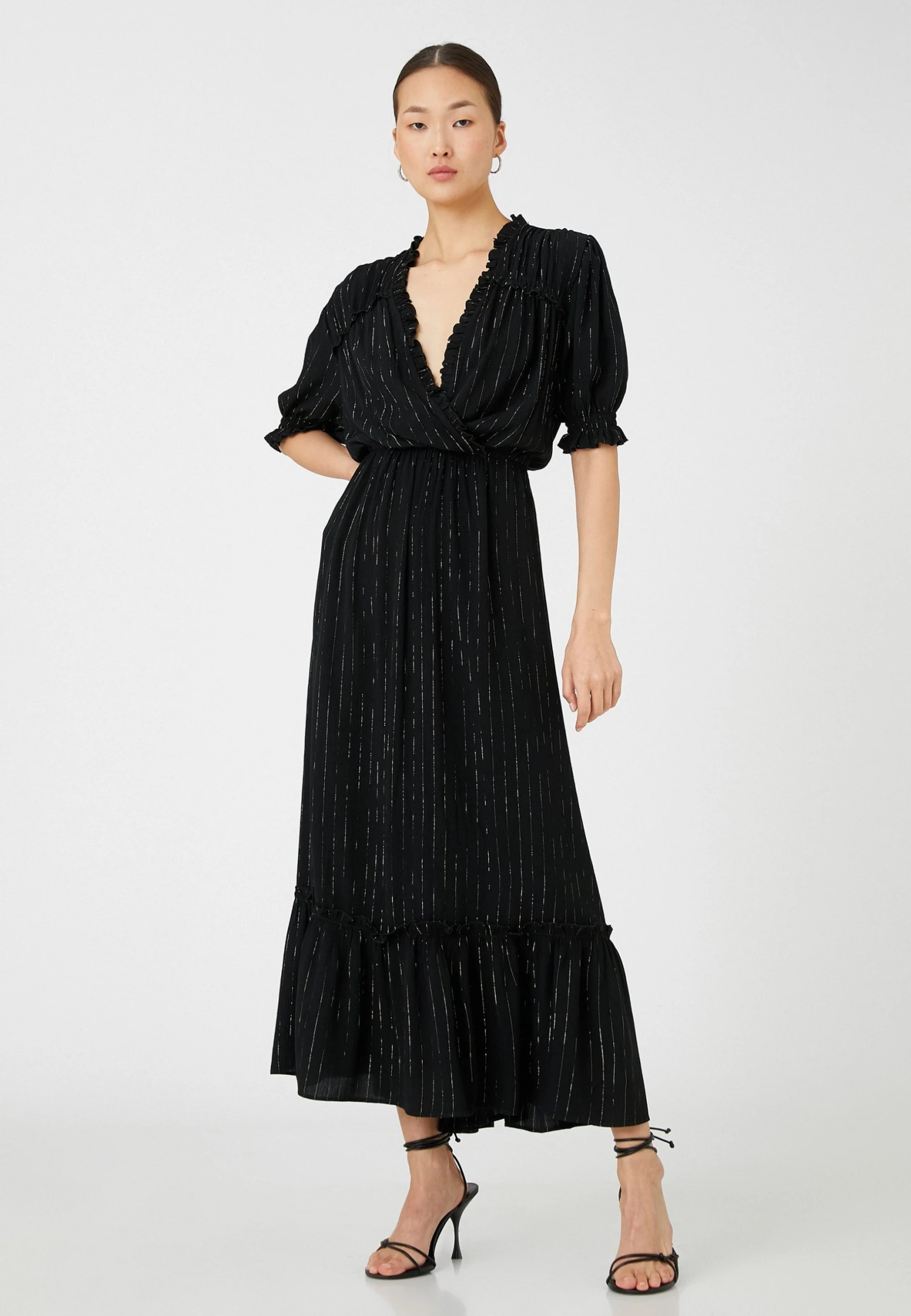 Koton V Neck Silvery Striped Puff Sleeve Long Wrapped - Maxi-Jurk - Black 1 Koton V Neck Silvery Striped Puff Sleeve Long Wrapped - Maxi-Jurk - Black