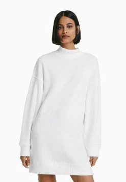 BERSHKA Long Sleeve - Gebreide Jurk - Beige