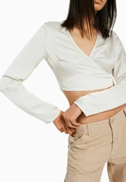 BERSHKA Long Sleeve Finish Crossover - Blouse - Beige -dress shop 4f3200f17cb74f7ea1faa4092ff9ea03
