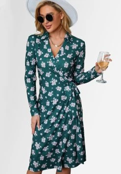 FS Collection Shirt Collar Long Sleeve Wrap Midi - Jerseyjurk - Dark Green