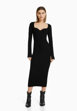 BERSHKA Long Sleeve- Gebreide Jurk - Black