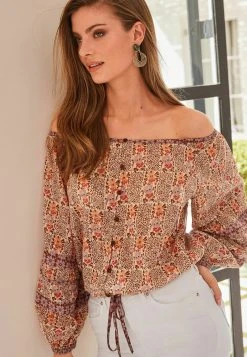 Next Long Sleeve Bubble Hem Standard - Blouse - Rust Brown Floral
