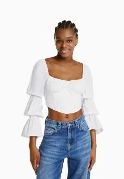 BERSHKA Cropped Long Sleeve- Blouse - Off White