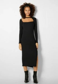 BERSHKA Long Sleeve - Etui-Jurk - Black