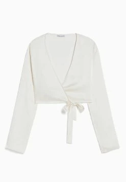 BERSHKA Long Sleeve Finish Crossover - Blouse - Beige -dress shop 5e69328f7d714922a3e0074c26e18d1c