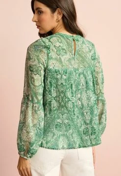 Next Pleat Front Long Sleeve Round Neck Standard - Blouse - Green Paisley Print