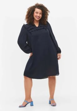 Zizzi Long Sleeve With Ruffles - Jurk - Total Eclipse