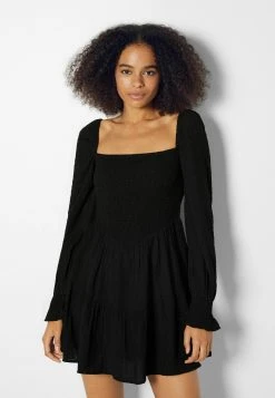 BERSHKA Textured Voluminous - Long Sleeve - Jurk - Black