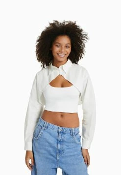 BERSHKA Long Sleeve Crossover - Cropped - Overhemdblouse - Off White