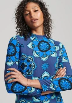 Superdry Long Sleeve Printed - Jurk - Psychedelic Blue -dress shop 66b4f26d09454910b957ef80011ba775