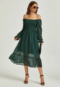 FS Collection Long Puff Sleeve Dobby Bardot Midi- Jurk - Dark Green -dress shop 6ac74b613e624d95b05a4b9c94f97550