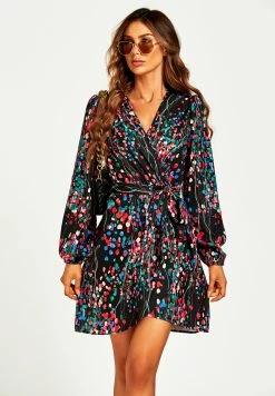 FS Collection Print Long Sleeve Wrap Mini- Cocktailjurk - Black