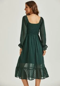 FS Collection Long Puff Sleeve Dobby Bardot Midi- Jurk - Dark Green -dress shop 77ba895b78474234a23e733d8580b3a2