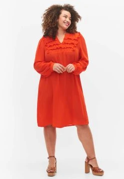 Zizzi Long Sleeve With Ruffles - Jurk - Orange Com