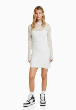 BERSHKA Blonde Lace Long Sleeve 005928 - Cocktailjurk - White