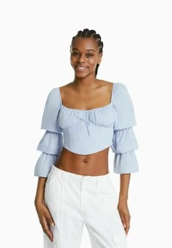 BERSHKA Cropped Long Sleeve- Blouse - Light Blue