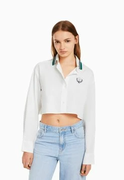 BERSHKA Embroidered Long Sleeve Print - Overhemdblouse - White