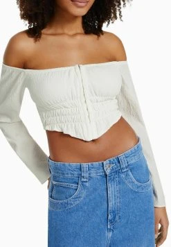 BERSHKA Long Sleeve Textured Off-The-Shoulder - Blouse - Beige -dress shop 7f93a57c04dc43c1822049481a164057