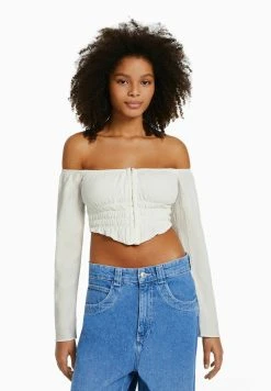 BERSHKA Long Sleeve Textured Off-The-Shoulder - Blouse - Beige