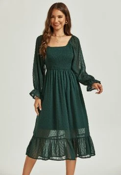 FS Collection Long Puff Sleeve Dobby Bardot Midi- Jurk - Dark Green